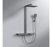 EMKE Colonne de Douche Ensemble de douche avec Theramostat 38°C douche de pluie avec mitigeur, bec cascade, douchette à main 3 mode, avec tablette extra large, KTW approuvé, Noir Mat