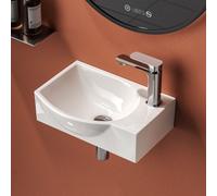 EMKE Lavabo asymétrique avec trou pour robinetterie à droite Lavabo suspendu compact pour WC invités Petit lave-mains pour montage mural