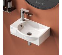 EMKE Lavabo asymétrique avec trou pour robinetterie à gauche Lavabo suspendu compact pour WC invités Petit lave-mains pour montage mural