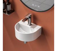 EMKE Lave-Mains Demi-Lune 30,3 x 25,3 x 12,4 cm, Blanc Brillant | Petit Lavabo Suspendu Arrondi en Céramique, Mini Vasque Murale Gain de Place pour WC Invités et Petits Espaces