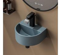 EMKE Lave-Mains Demi-Lune 30 cm, Petit Lavabo Suspendu Arrondi en Céramique, Mini Vasque Murale Gain de Place pour WC Invités et Petits Espaces, Bleu Gris Clair Matt, 30,3 x 25,3 x 12,4 mm
