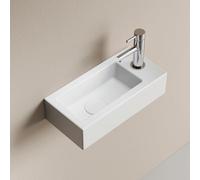 EMKE Lave-Mains Suspendu 37 x 17,8 cm, Blanc Brillant, Robinet à Droite | Petit Lavabo de WC Rectangulaire en Céramique, Mini Vasque Murale Gain de Place avec Trou (Sans Robinet ni Bonde)