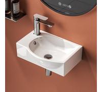 EMKE Lave-Mains Suspendu 40,5 x 28 x14 cm, Robinet à Gauche, Blanc Brillant | Petit Lavabo Mural Rectangulaire en Céramique, Mini Vasque Murale Gain de Place avec Trou (Sans Robinet ni Bonde)