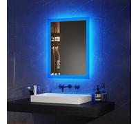 EMKE Miroir de Salle de Bain Bluetooth avec Prise Rasoir, 450 x 600 mm, Bleu atmosphère, Miroir Lumineux de Salle de Bain avec 3 Tons de Couleur, intensité Variable, Fonction mémoire, désembuage