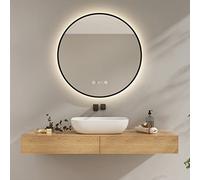 EMKE Miroir de Salle de Bain Rond avec eclairage, Cadre Noir,80 cm,Horloge