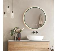 EMKE Miroir LED Rond de Salle de Bain, Ø60 cm, Vert foncé, Anti-buée, avec Affichage de l'heure et de la température, lumière Neutre, intensité réglable, Miroir de Salle de Bain avec éclairage, IP44