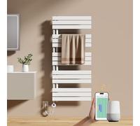 EMKE Sèche-Serviettes Électrique avec WiFi Thermostat 132 x 60 cm 800 Watt Blanc, Sèche-Serviettes Électrique avec Support De Serviette Inclus Résistance Chauffante avec Minuterie