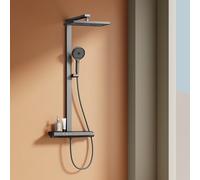 EMKE Système de Douche avec Thermostat,Anthracite Mat,Douche Pluie 36x24 cm | Ensemble Complet avec Étagère en Verre 40 cm & Douchette (4 Jets)