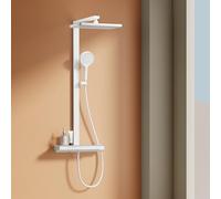 EMKE Système de Douche avec Thermostat,Blanc Mat,Douche Pluie 36x24 cm | Ensemble Complet avec Étagère en Verre 40 cm & Douchette (4 Jets)