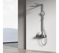 EMKE Système de douche avec thermostat Colonne de douche Anthracite mat avec 360×240mm douche à effet pluie carrée, bec de baignoire, régulateur de débit & tablette en verre F27