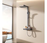EMKE Système de douche avec thermostat, panneau de douche, douche de pluie de luxe 36x24cm, robinetterie de bain & douche 3 en 1 pour votre salle de bain moderne, KTW, anthracite mat