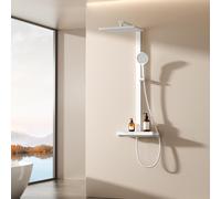 EMKE Système de douche avec thermostat, pommeau de douche à effet pluie 36x24cm, douche à effet pluie avec support en verre, douchette à main avec 4 jets, robinetterie de salle de bains & douche, blan
