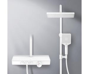 EMKE Système de douche avec thermostat tablette en verre douchette 3 jets douche à effet pluie, robinetterie de salle de bains & douche, douche à effet pluie, KTW, blanc - F09