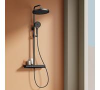 EMKE® Système de doucheavec thermostat Douche de pluie ronde avec support en verre de 40 cm, robinetterie de salle de bains & douche, douchette à main 3 jets + bec inférieur Noir F22