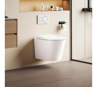 EMKE Toilettes suspendues Céramique Contre-chasse double trou Économie d'eau Montage mural Toilettes avec chasse d'eau directe Couvercle Soft-Close silencieux Blanc brillant