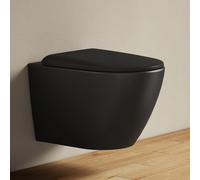EMKE Toilettes suspendues sans rebord Céramique Économies d'eau Toilettes à fixation murale avec chasse d'eau directe Contre-rinçage à double trou Couvercle Soft-Close Noir mat