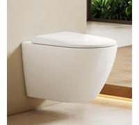 EMKE Toilettes suspendues sans rebord Céramique Economies d'eau Toilettes à montage mural avec chasse d'eau directe Contre-rinçage à double trou Couvercle Soft-Close Blanc brillant