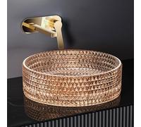 EMKE Vasque à Poser en Verre Cristal, Rond Or Rose, 360 x 360 x 112 mm | Lavabo Effet Diamant pour Salle de Bain et WC, Vasque de Luxe en Verre Trempé Sans Trou pour Robinet(Robinet Non Inclus)