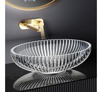EMKE Vasque à Poser Ovale en Verre Cristal 51 cm, Grand Lavabo Transparent Effet Diamant Ciselé, Bol en Verre Trempé pour Meuble Double Vasque de Salle de Bain, 510 x 350 x 150 mm