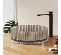 EMKE Vasque à poser ronde 400x400x120mm en verre cristal trempé Transparent gris électrodéposé, sans trou pour robinet & sans trop-plein, Design moderne