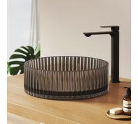 EMKE Vasque à poser ronde 400x400x120mm en verre trempé cristal noir mat électrodéposé, sans trou pour robinet & sans trop-plein, Design moderne
