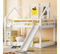 EMKK Lit superposé Maison 140 x 200 cm avec Toboggan, en Bois Massif Lits Superposés Bas avec Toboggan et échelle, Barrière de Sécurité,sans Matelas (Blanc, 140x200cm)
