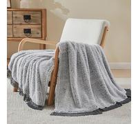 EMME Couverture Polaire Chaude et pelucheuse Sherpa avec Pompons 228 x 228 cm - Grande Couverture réversible Ultra Douce et Confortable - Gris avec Pompon