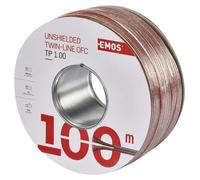 EMOS 100m câble haut-parleur OFC 2x1,0mm2, en cuivre pur pour haut-parleurs et systèmes surround, transparent avec marquage de la polarité, S8310