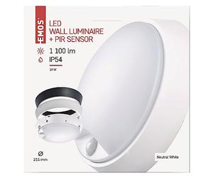 Emos Applique murale et plafonnier LED avec détecteur de mouvement rond IP54 étanche 14 W pour balcon, cave, garage, extérieur, 1000 lm, blanc neutre 4000 K, Ø21,5 cm, ZM3231, 21,5 cm