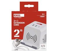 EMOS bloc multiprise 2 m, 2 prises françaises, USB, Qi, intérieur | protection accrue, support téléphone