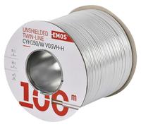 EMOS câble cuivre 2 x 1,5 mm2, 100 mètres de câble bifilaire en cuivre pur pour basse tension, blanc avec marquage de la polarité, S8291