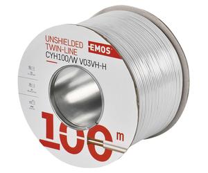 EMOS câble cuivre 2 x 1 mm2, 100 mètres de câble bifilaire en cuivre pur pour basse tension, blanc avec marquage de la polarité, S8281