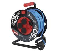 EMOS Enrouleur de câble d'extérieur toute l'année, 50 m, câble d'extension bleu de 1,5 mm², 4 prises Schuko avec couvercles à rabat, IP44, étanche et résistant au gel, pour l'extérieur, l'industrie