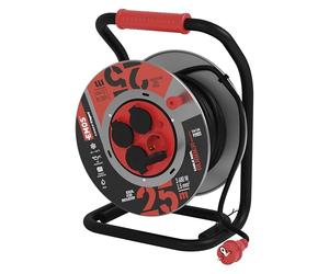 EMOS Enrouleur de câble extérieur P19222 en tôle d'acier, câble en Caoutchouc de 25 m H07RN 1,5 mm2 (néoprène) avec 4 Prises Schuko, étanchéité IP44 pour extérieur, Industrie, Chantier, 3000 W, 230 V