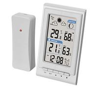 EMOS Mini station météo radio avec capteur extérieur, mesure la température intérieure et extérieure, l'humidité, les prévisions météorologiques, horloge radio-pilotée avec réveil, blanche