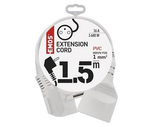 EMOS rallonge IP20 1,5 m, 1 Prise française, 250 V 16 A 3680 W, Isolation PVC H05VV-F3G 1,0 mm², Protection Accrue, intérieur, Blanc