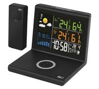 EMOS Station météo radio avec chargeur sans fil Qi, écran couleur VA, bloc d'alimentation et capteur extérieur, fonctions thermomètre, hygromètre, prévisions météo, affichage horloge DCF, réveil