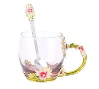 Emoshayoga Tasse en Verre Tasse à thé Fleur à café, Décor Floral Fait à la Main à Boisson en Verre émaillé avec Cuillère, Tissu pour thé café Jus de Lait Cadeau (Chrysanthème vert 320ML)