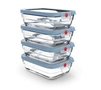 Emsa Boite de conservation en verre OneClick Set 4 x 1-00 L - Bleu | Meal prep containers étanches - Technologie brevetée - Compatibles four 420°C - Airfryer - Micro-ondes et lave-vaisselle