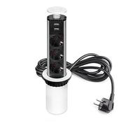 Emuca - Bloc multiprise escamotable avec 3 Prises SchEUo EU et 2 Ports USB, Tour multiprise encastrable pour Plan de Travail de Cuisine ou Table de Bureau, Peint en Blanc, Plastique et Aluminium