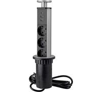 Emuca - Bloc multiprise escamotable avec charge rapide, 3 Prises Schuko EU, 2 USB A + 1 USB C, Tour multiprise encastrable, Gris Métallisé, Plastique et Aluminium