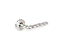 Emuca - Poignée de porte intérieur, ensemble de poignées de porte avec rosace D.53 mm, Modèle L-R, Acier inoxydable, Nickel satiné.