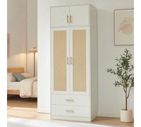 Armoire "Larundi" de 216 x 80 x 52 cm, avec 4 portes, 1 barre de penderie, 1 étagère supérieure et 2 tiroirs. Finition blanche/aspect rotin