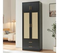 [en.casa] Armoire de Chambre Larundi 216 x 80 x 52 cm Noir Aspect Rotin | Armoire, penderie, armoire de chambre, espace de rangement, tringle, compartiment, tiroirs, couloir, chambre à coucher