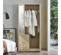 [en.casa] Armoire de Chambre Penderie Moderne Garde-Robe avec 3 Tiroirs et Miroir Intégré Meuble de Rangement MDF 176 x 80 x 52 cm Effet Chêne Sonoma