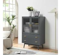 [en.casa] Armoire Vitrée avec 2 Portes 2 Tiroirs Vaisselier Meuble de Rangement pour Salon Chambre Bureau Salle à Manger MDF Verre Strié Bois de Pin 120 x 80 x 40 cm Gris