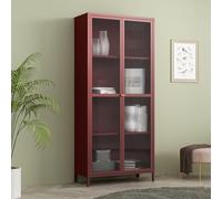 [en.casa] Armoire Vitrée Säkylä Acier 180 x 80 x 35 cm Rouge Bordeaux | vaisselier, buffet, meuble de rangement, design moderne, étagère, salon, salle à manger, bureau, entrée, bibliothèque