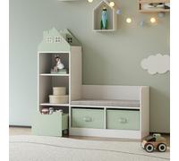 [en.casa] Banc pour Enfants avec Étagère Coussin Rembourré Doux Assise Confortable Compartiments Ouverts et 2 Boîtes Amovibles Panneau de Particules MDF Polyester 100 x 99 x 30 cm Blanc Vert Menthe