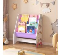[en.casa] Bibliothèque pour Enfant à 4 Compartiments Étagère de Rangement Livres Cahiers à Motif Licornes Panneau de Particules Textile Non Tissé Métal 74 x 62 x 29 cm Blanc Violet Rose