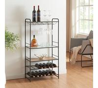 [en.casa] Casier à Vin avec Porte-Verres à Pied Suspendu Étagère à Vin Range Bouteilles Meuble de Rangement Métal MDF Verre 120 x 61 x 33 cm Noir Effet Chêne Transparent